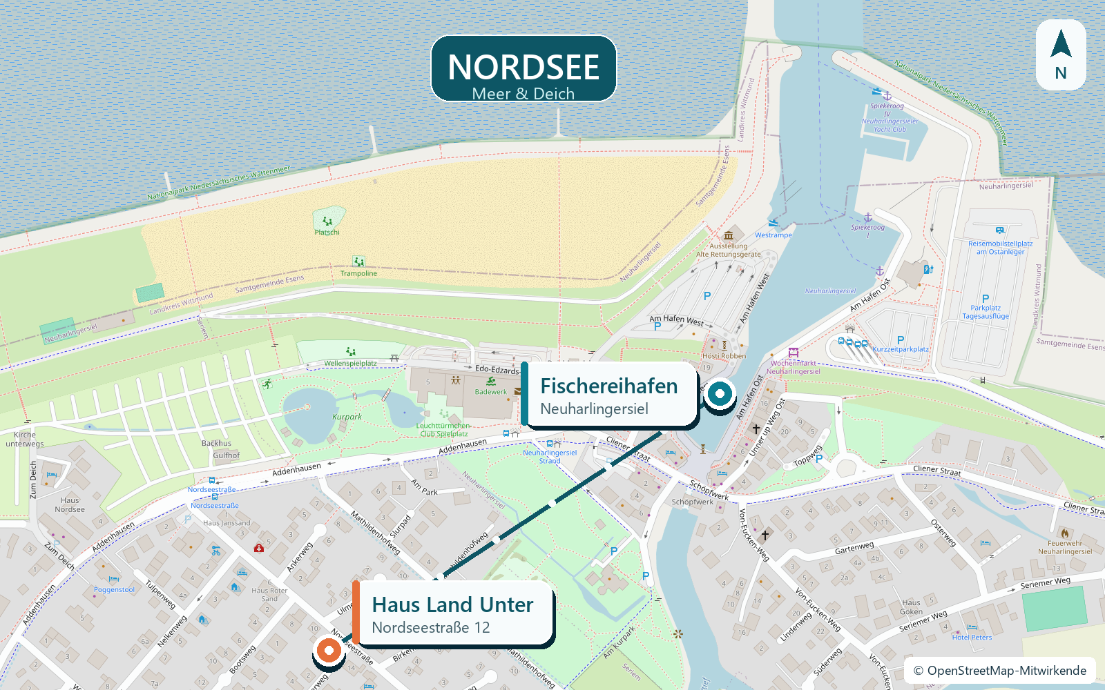 OpenStreetMap-Lagekarte mit Haus Land Unter, Fischereihafen Neuharlingersiel und Nordsee